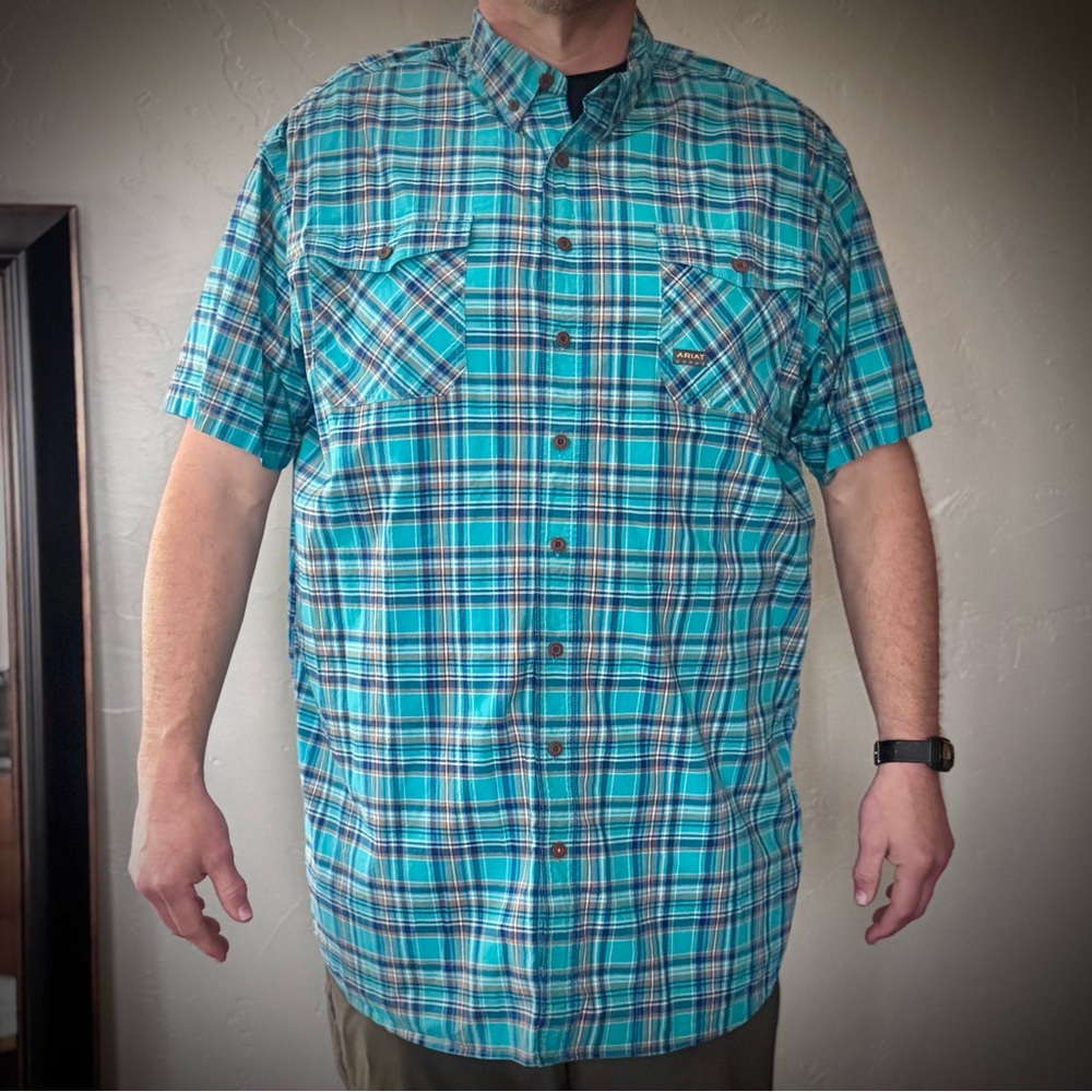 Ariat Rebar Made Tough Men's Blue Plaid Short Sleeve Tall Button Up Dress Shirt - Picture 2 of 8